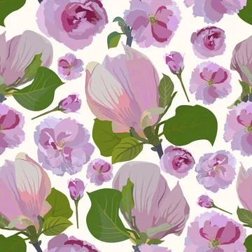 Vector seamless pattern with sakura, magnolia flowers. Spring floral background. Stock Illustration