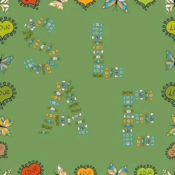 Vector. Seamless pattern. Sale lettering in black, blue and green colors. Collec イラスト素材