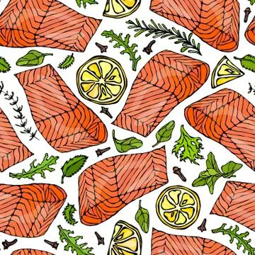 Vector Seamless Pattern of Salmon Fillet, Lemon, Herbs Rosemary, Marjoram Stock Illustration