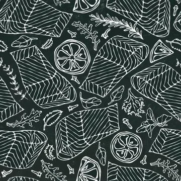 Vector Seamless Pattern of Salmon Fillet, Lemon, Herbs Rosemary, Marjoram Illustrazione stock