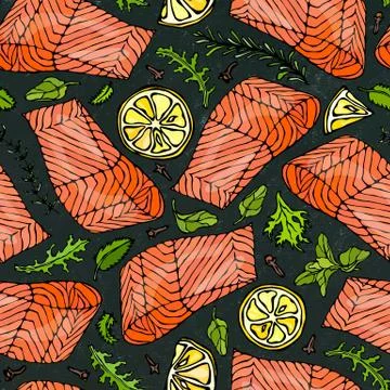 Vector Seamless Pattern of Salmon Fillet, Lemon, Herbs Rosemary, Marjoram Stock Illustration