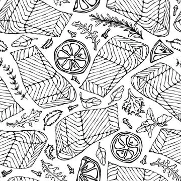 Vector Seamless Pattern of Salmon Fillet, Lemon, Herbs Rosemary, Marjoram Stock Illustration