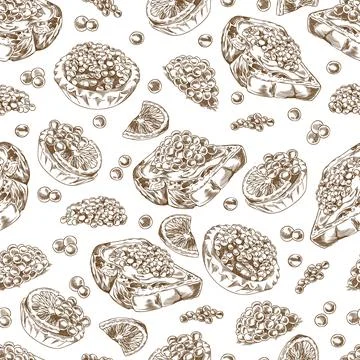 Vector seamless pattern with sandwiches and tartlets with sturgeon and salmon 스톡 일러스트