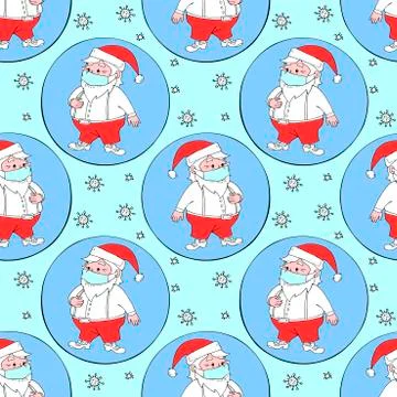 Vector seamless pattern with Santa Claus in face mask and protective ball. Me Illustrazione stock