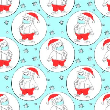 Vector seamless pattern with Santa Claus in face mask and protective ball. Me Stock Illustration