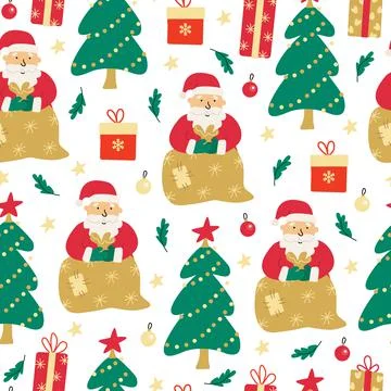 Vector seamless pattern with Santa, gift boxes and Christmas trees 스톡 일러스트