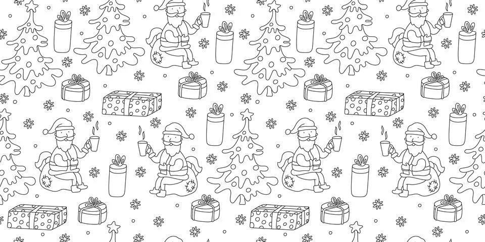 Vector seamless pattern with Santa sitting on a bag with gifts doodle. Stock Illustration