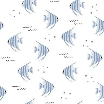 Vector seamless pattern with scalaria fish.Underwater cartoon creatures.Marine Stock Illustration