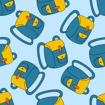 Vector seamless pattern with a school backpack on a blue background in doodle Stock Illustration