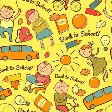 Vector seamless pattern of school, cheerful background with children Stock Illustration