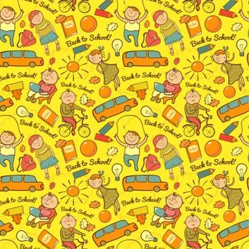 Vector seamless pattern of school, cheerful background with children Stock Illustration