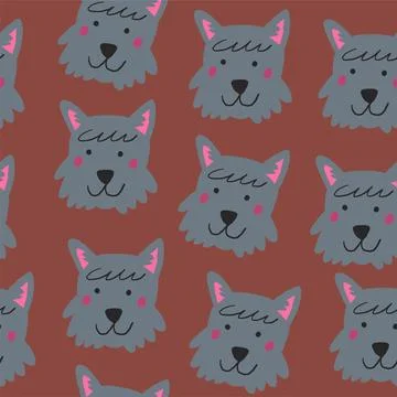 Vector seamless pattern with Scottish terrier dog faces on brown background Stock Illustration