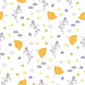 Vector seamless pattern with scuba diver, devilfish, algae, starfish,.Underwater Illustrazione stock