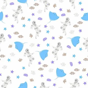 Vector seamless pattern with scuba diver, devilfish, algae, starfish,.Underwater 스톡 일러스트