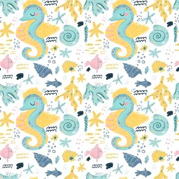 Vector seamless pattern with sea fauna. Background with starfish, sea horse,  Stock Illustration
