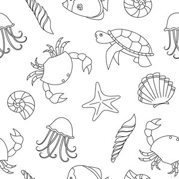 Vector seamless pattern with sea fauna. Background with starfish, jellyfish,  Ilustración de archivo