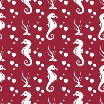 Vector seamless pattern with sea horses, plants Stock Illustration