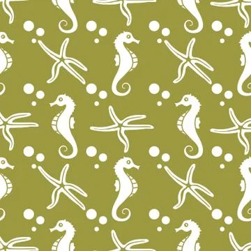 Vector seamless pattern with sea horses, starfish Stock Illustration