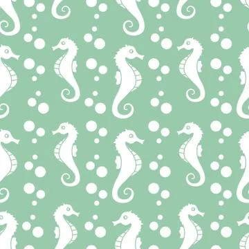 Vector seamless pattern with sea horses, bubbles Stock Illustration