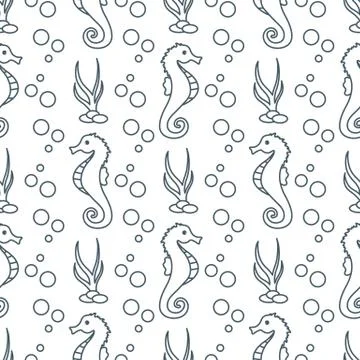 Vector seamless pattern with sea horses, plants Illustrazione stock