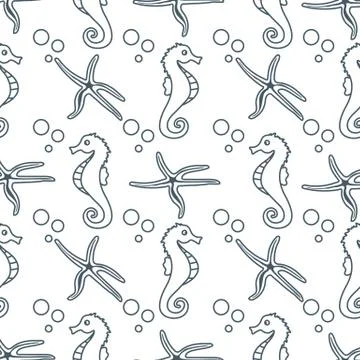 Vector seamless pattern with sea horses, starfish Stock Illustration