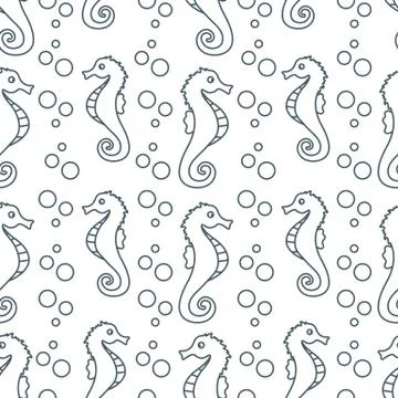 Vector seamless pattern with sea horses, bubbles Stock Illustration