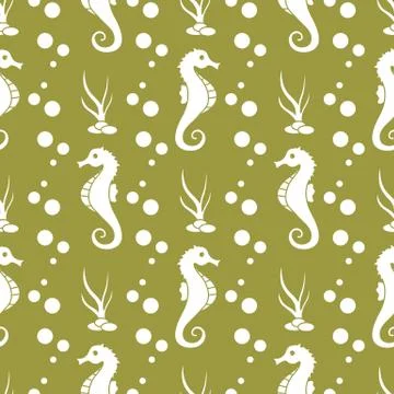 Vector seamless pattern with sea horses, plants Illustrazione stock