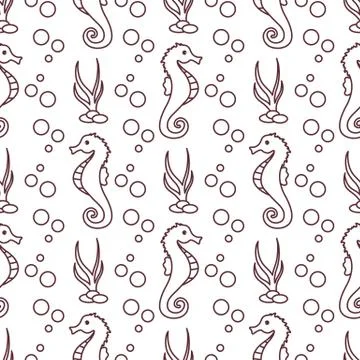 Vector seamless pattern with sea horses, plants Illustrazione stock