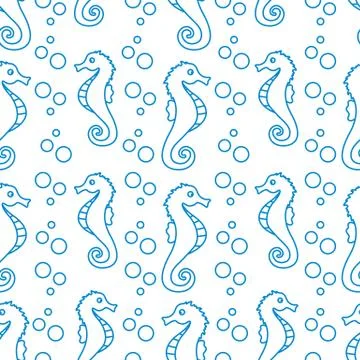 Vector seamless pattern with sea horses, bubbles Stock Illustration