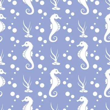 Vector seamless pattern with sea horses, plants Stock Illustration