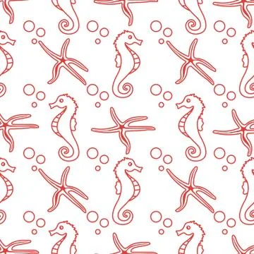 Vector seamless pattern with sea horses, starfish Stock Illustration