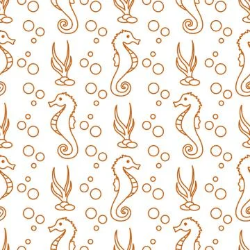 Vector seamless pattern with sea horses, plants 스톡 일러스트