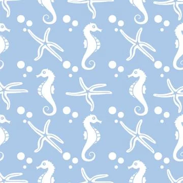 Vector seamless pattern with sea horses, starfish Illustrazione stock