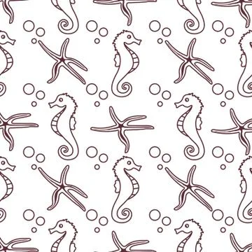 Vector seamless pattern with sea horses, starfish Stock Illustration
