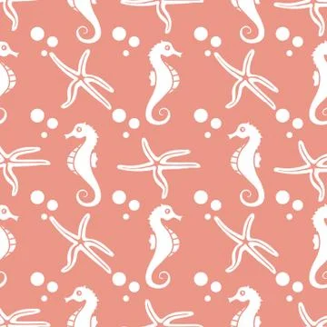 Vector seamless pattern with sea horses, starfish Stock Illustration