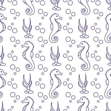 Vector seamless pattern with sea horses, plants Stock Illustration