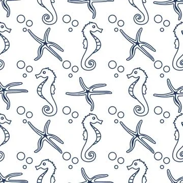 Vector seamless pattern with sea horses, starfish Stock Illustration