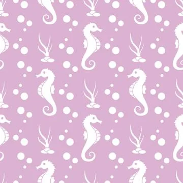 Vector seamless pattern with sea horses, plants Illustrazione stock