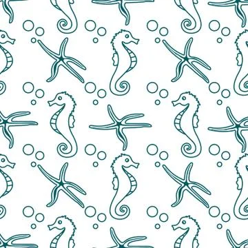 Vector seamless pattern with sea horses, starfish Illustrazione stock