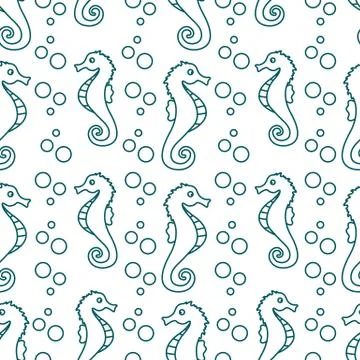 Vector seamless pattern with sea horses, bubbles Stock Illustration