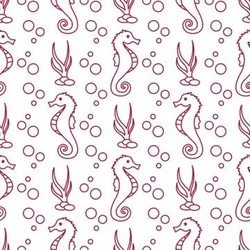 Vector seamless pattern with sea horses, plants イラスト素材