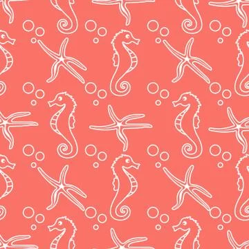 Vector seamless pattern with sea horses, starfish Stock Illustration