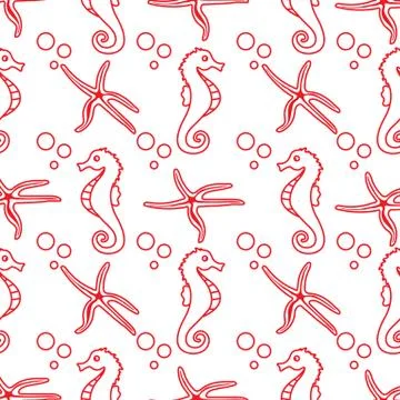 Vector seamless pattern with sea horses, starfish Stock Illustration