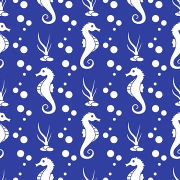 Vector seamless pattern with sea horses, plants Stock Illustration