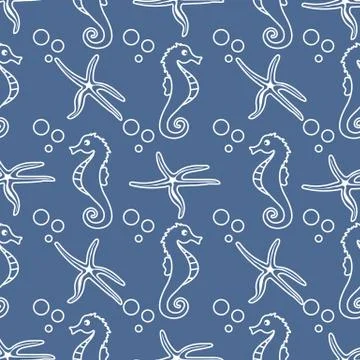 Vector seamless pattern with sea horses, starfish Illustrazione stock