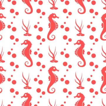 Vector seamless pattern with sea horses, plants Illustrazione stock