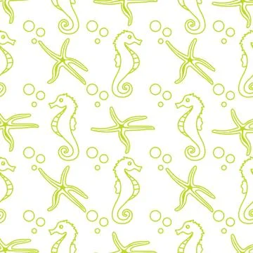 Vector seamless pattern with sea horses, starfish Illustrazione stock