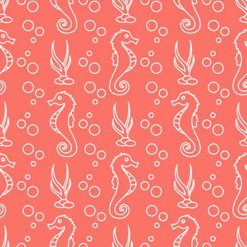 Vector seamless pattern with sea horses, plants Stock Illustration