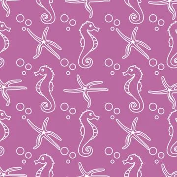 Vector seamless pattern with sea horses, starfish Stock Illustration