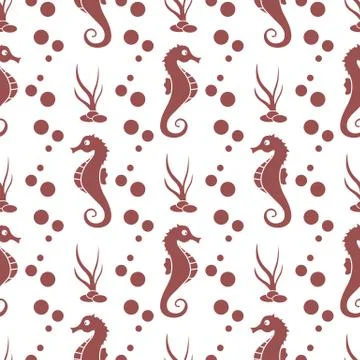 Vector seamless pattern with sea horses, plants イラスト素材